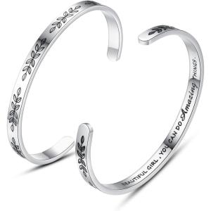 TONY & SANDY Inspirational Bracelets for Women Teen Girls Personalized Gifts for Daughter Granddaughter Mom Sister Friends Stainless Steel Engraved Cuff Birthday Easter Christmas(Leaf – Beautiful girl you can do amazing things)