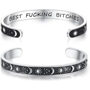 TONY & SANDY Inspirational Bracelets for Women Teen Girls Personalized Gifts for Daughter Granddaughter Mom Sister Friends Stainless Steel Engraved Cuff Birthday Easter Christmas(A – Friends Gifts – Sun Moon – Best f@cking Bitches)