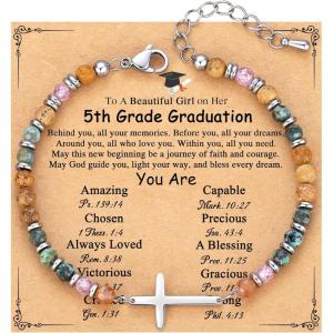 TONY & SANDY Graduation Gifts for Her 2026, Graduation Decorations Cross Bracelets for Women Girls Middle High School College Graduates, With Graduation Cap Box and Meaningful Cards(5th Grade)