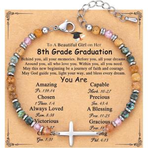TONY & SANDY Graduation Gifts for Her 2026, Graduation Decorations Cross Bracelets for Women Girls Middle High School College Graduates, With Graduation Cap Box and Meaningful Cards(8th Grade)