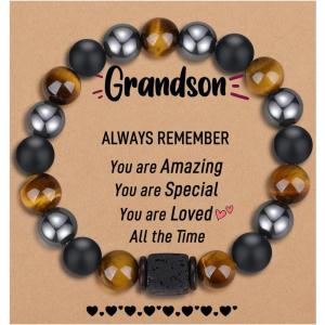 TONY & SANDY Valentines Day Gifts for Him, Natural Stone Bracelets for Men, Boys, Son, Grandson, Nephew, Boyfriend, Dad, Step Dad – Birthday Christmas Easter Gifts for Teens Boys Men Adults(To My Grandson)