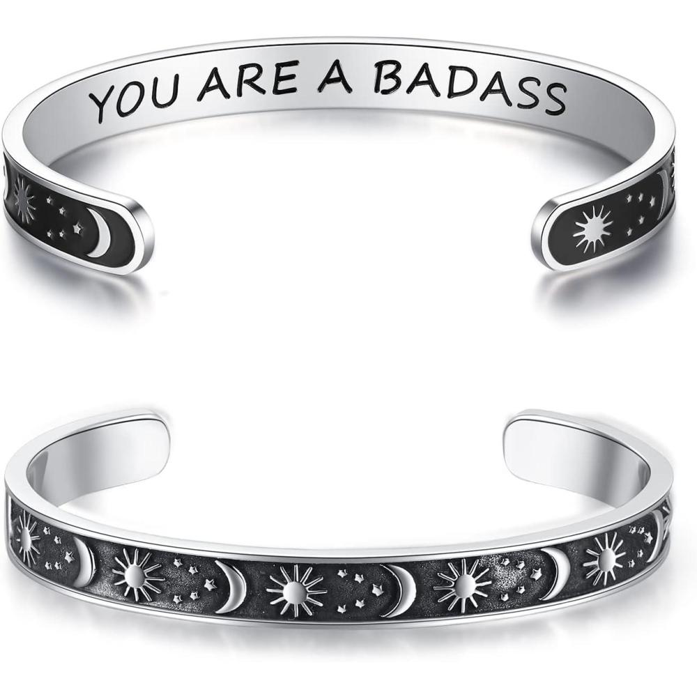 imageTONY amp SANDY Inspirational Bracelets for Women Teen Girls Personalized Gifts for Daughter Granddaughter Mom Sister Friends Stainless Steel Engraved Cuff Birthday Easter ChristmasA Sun Moon You are a badass