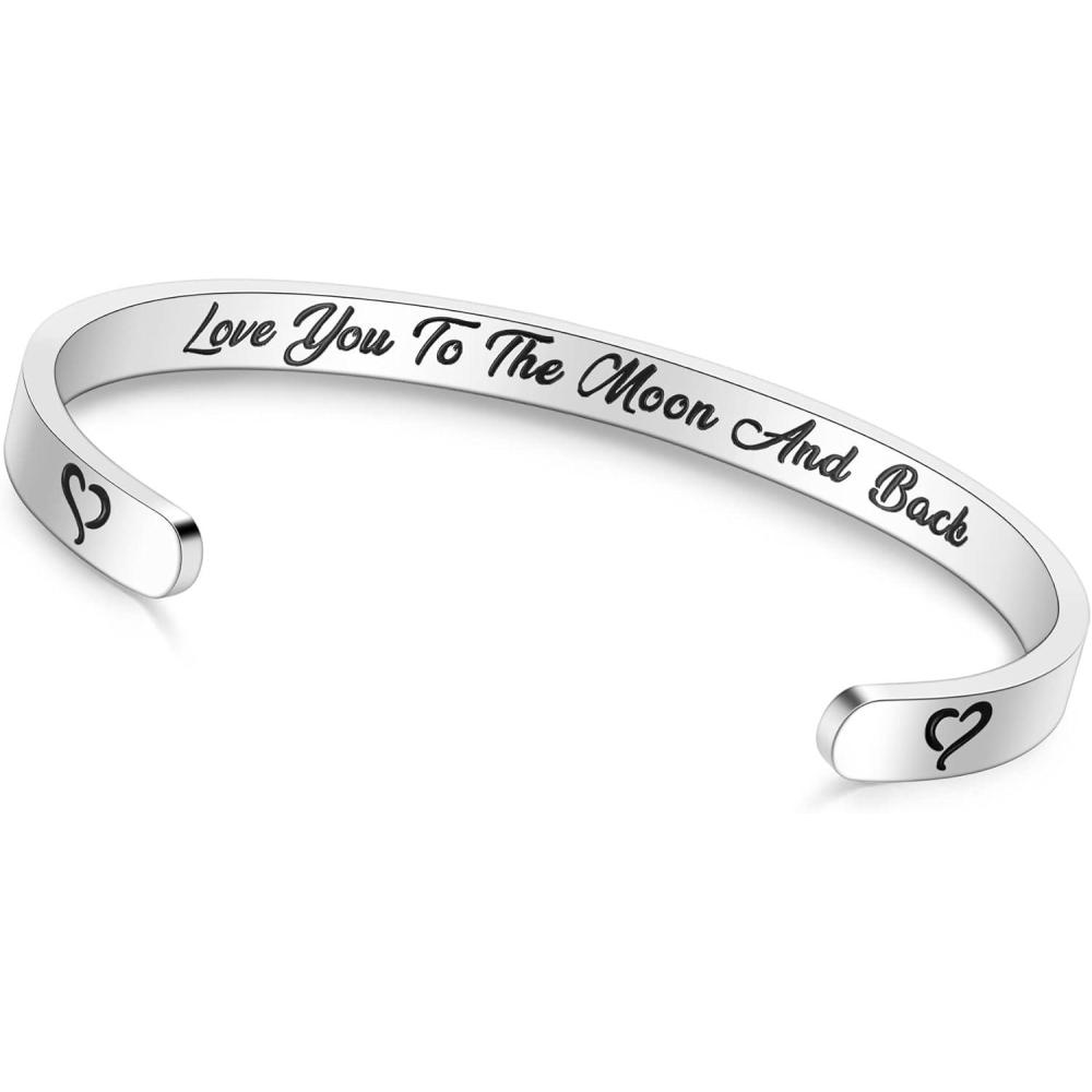 imageTONY amp SANDY Inspirational Bracelets for Women Teen Girls Personalized Gifts for Daughter Granddaughter Mom Sister Friends Stainless Steel Engraved Cuff Birthday Easter ChristmasA Love you to the moon and back